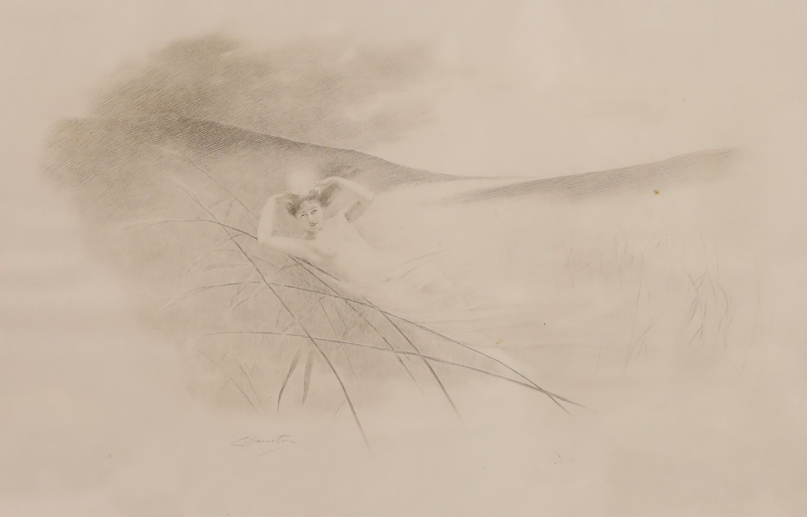 Charles Prosper Sainton (1861-1914), silverpoint, Woman amongst reeds, signed in the plate, 26 x 42cm